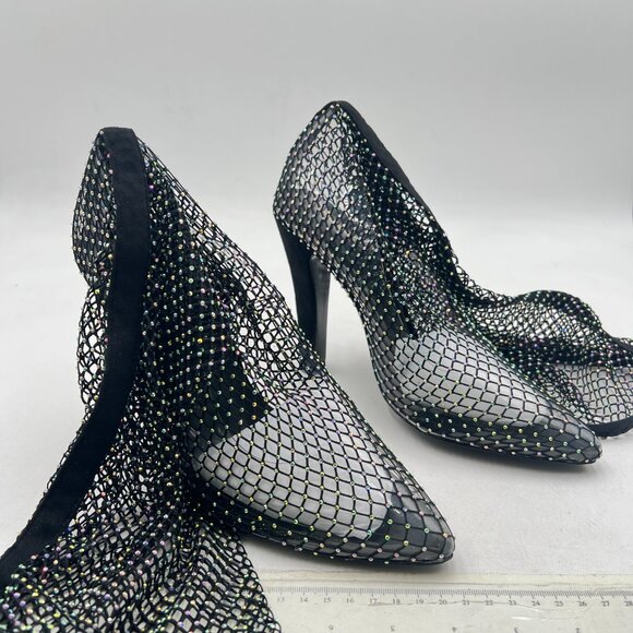 FSJ Black Diamante Fish Net Sexy High Heel Long Boots - Picture 5 of 9